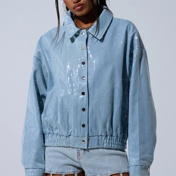 Akira Sequin Overlay Denim Bomber Jacket - Picture 2 of 5